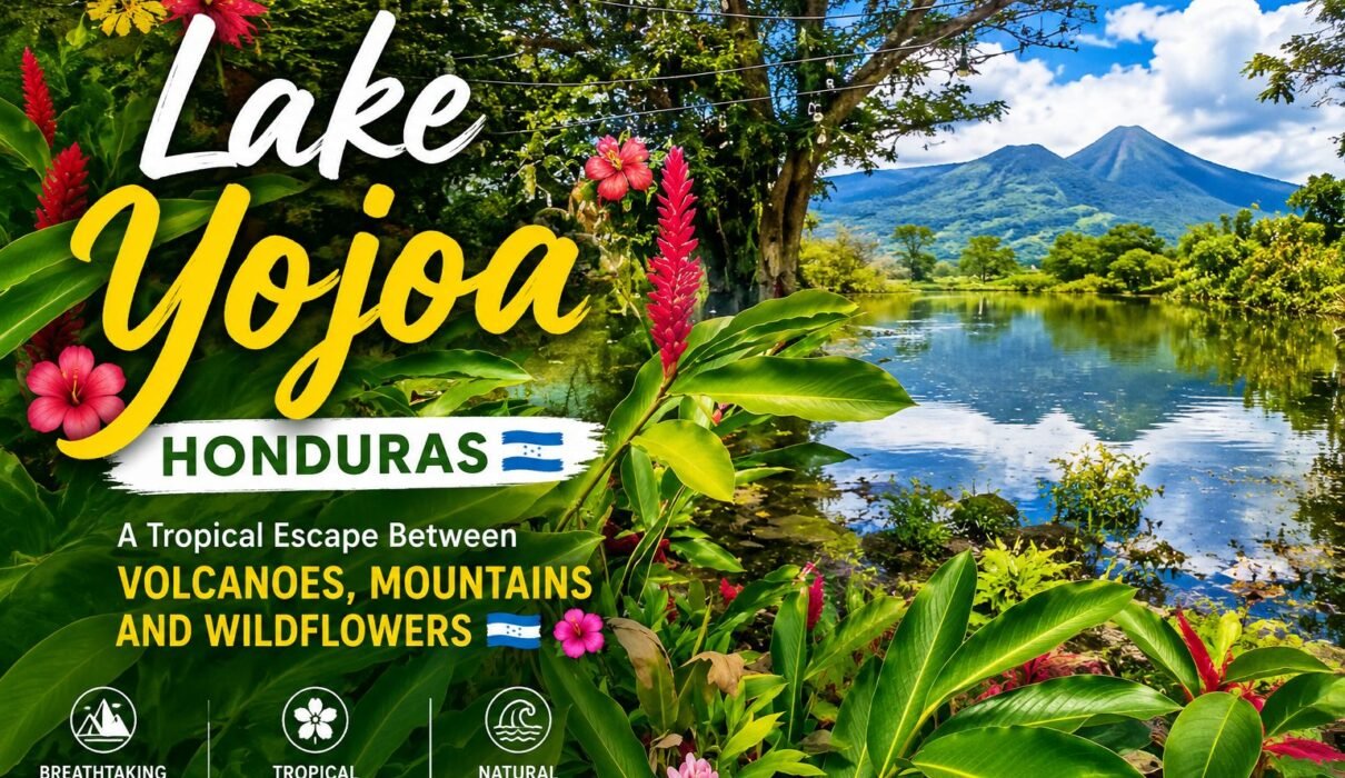 Lake Yojoa in Honduras surrounded by green volcanic mountains and tropical vegetation