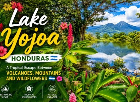 Lake Yojoa in Honduras surrounded by green volcanic mountains and tropical vegetation