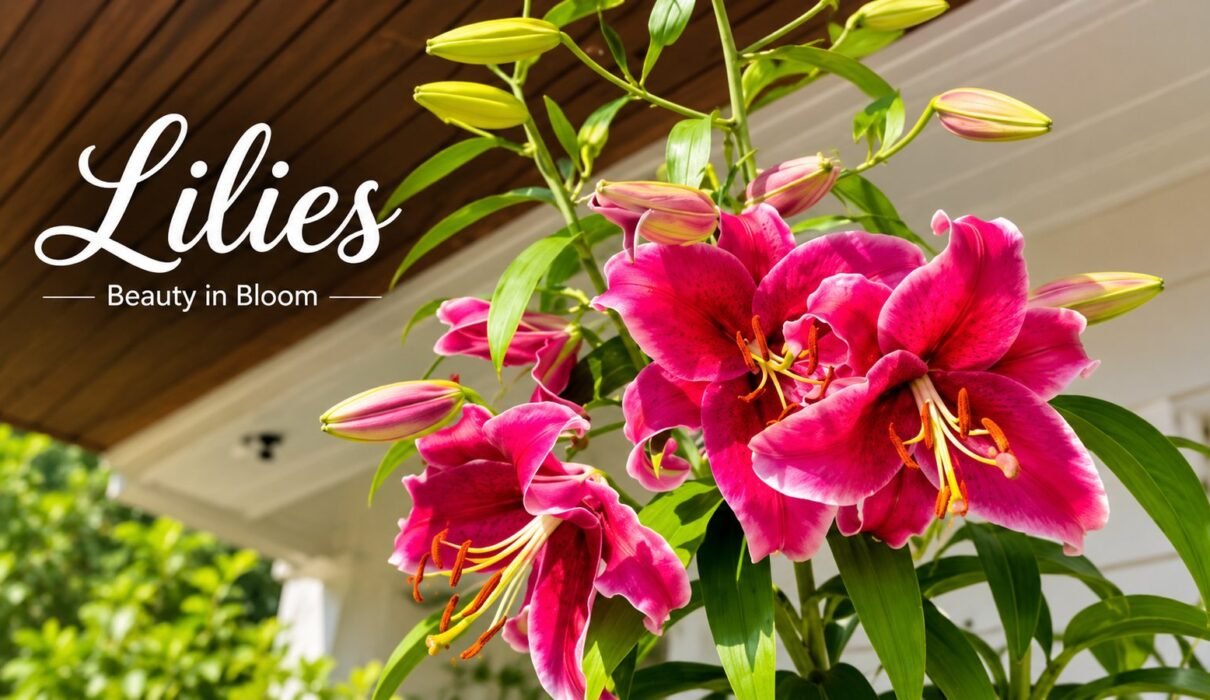 Stunning purple lilies in full bloom illuminated by natural sunlight