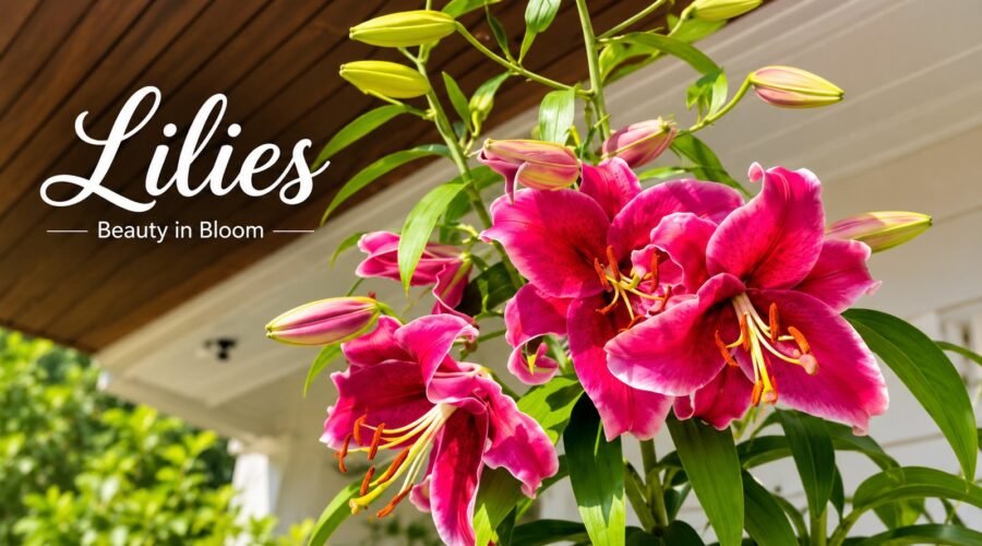 Stunning purple lilies in full bloom illuminated by natural sunlight