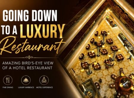 Luxury hotel restaurant viewed from above inside a modern atrium