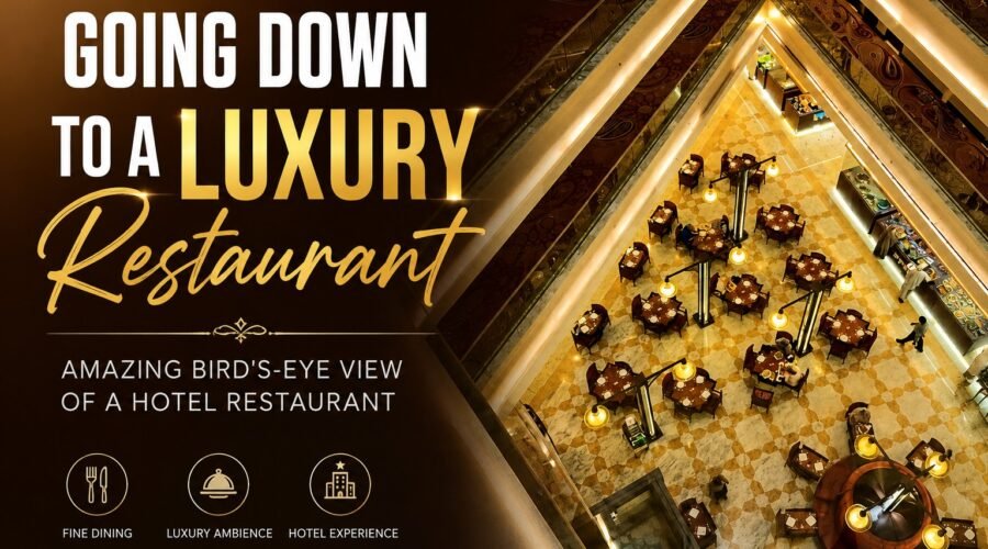 Luxury hotel restaurant viewed from above inside a modern atrium
