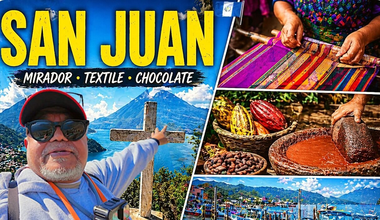 Panoramic view of Lake Atitlán surrounded by volcanoes and mountains in Guatemala
