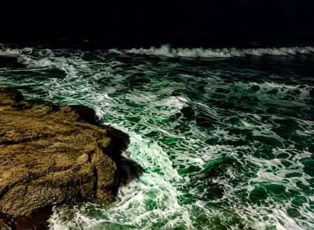 Night waves crashing along the shore at El Tunco Beach in El Salvador