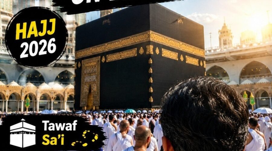 Pilgrims performing Tawaf around the Kaaba in Masjid al-Haram during Hajj on Eid al-Adha