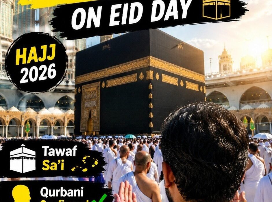 Pilgrims performing Tawaf around the Kaaba in Masjid al-Haram during Hajj on Eid al-Adha