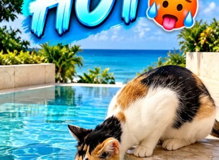 Adorable kitten drinking water beside a swimming pool in Jamaica on a sunny afternoon