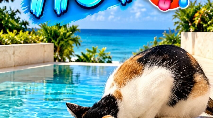 Adorable kitten drinking water beside a swimming pool in Jamaica on a sunny afternoon