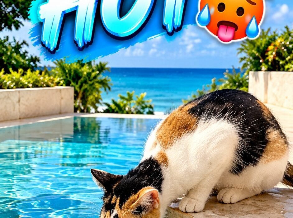 Adorable kitten drinking water beside a swimming pool in Jamaica on a sunny afternoon